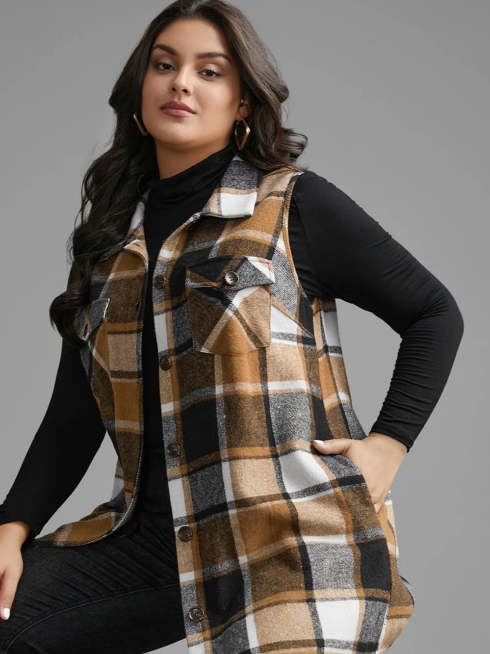 Plaid Button-Front Shacket Vest in Camel, Black & White